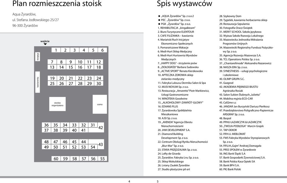 53 11 17 23 29 31 54 12 18 24 30 scena 42 43 60 59 58 57 56 55 Spis wystawców AQUA Żyrardów Sp. z o.o.2 PEC Żyrardów Sp. z o.o. PGK Żyrardów Sp. z o.o. 1. REHABILITACJA kinga&team 2.