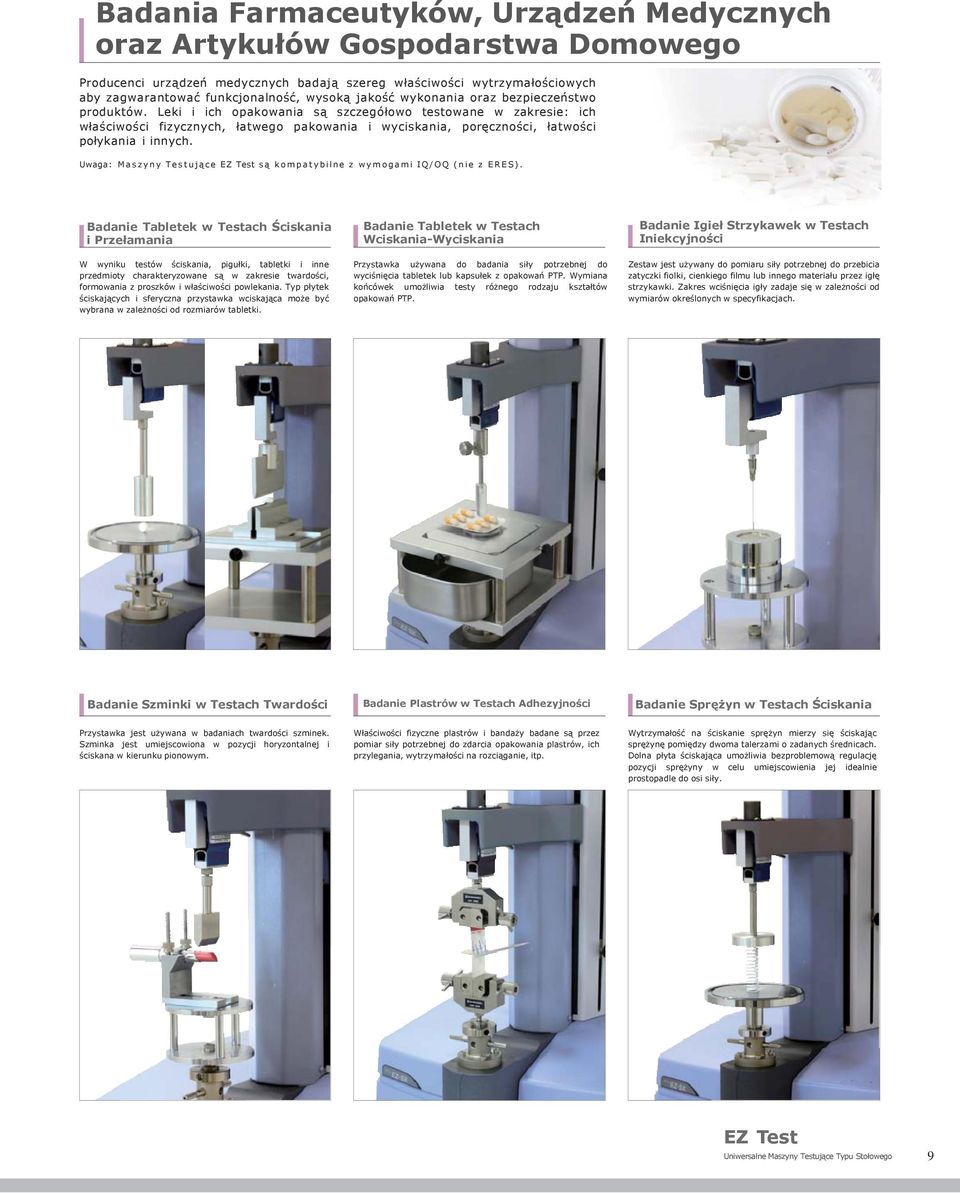 Leki i ich opakowania są szczegółowo testowane w zakresie: ich właściwości fizycznych, łatwego pakowania i wyciskania, poręczności, łatwości połykania i innych.