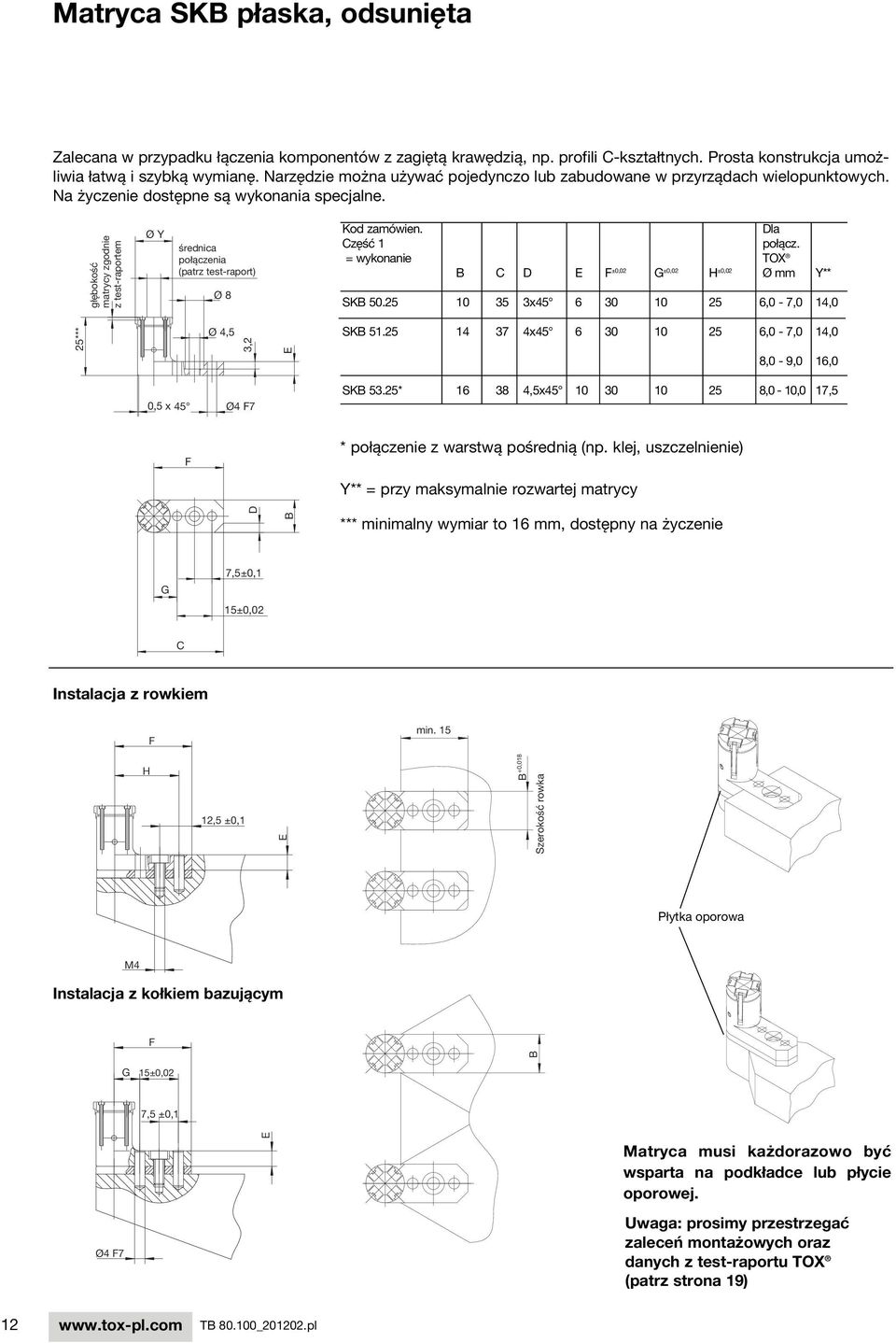 głębokość matrycy zgodnie z test-raportem Ø Y średnica połączenia (patrz test-raport) Ø 8 Kod zamówien. Dla Część 1 połącz. = wykonanie TOX C D E F ±0,02 G ±0,02 H ±0,02 Ø mm Y** SK 50.