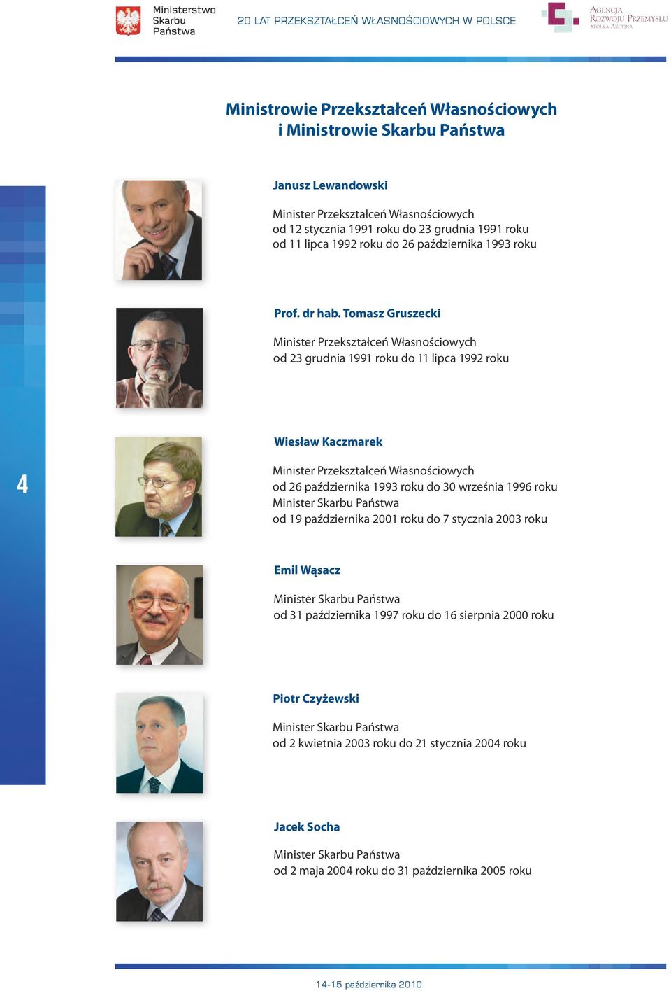 Tomasz Gruszecki Minister Przekształceń Własnościowych od 23 grudnia 1991 roku do 11 lipca 1992 roku Wiesław Kaczmarek 4 Minister Przekształceń Własnościowych od 26 października 1993 roku do 30