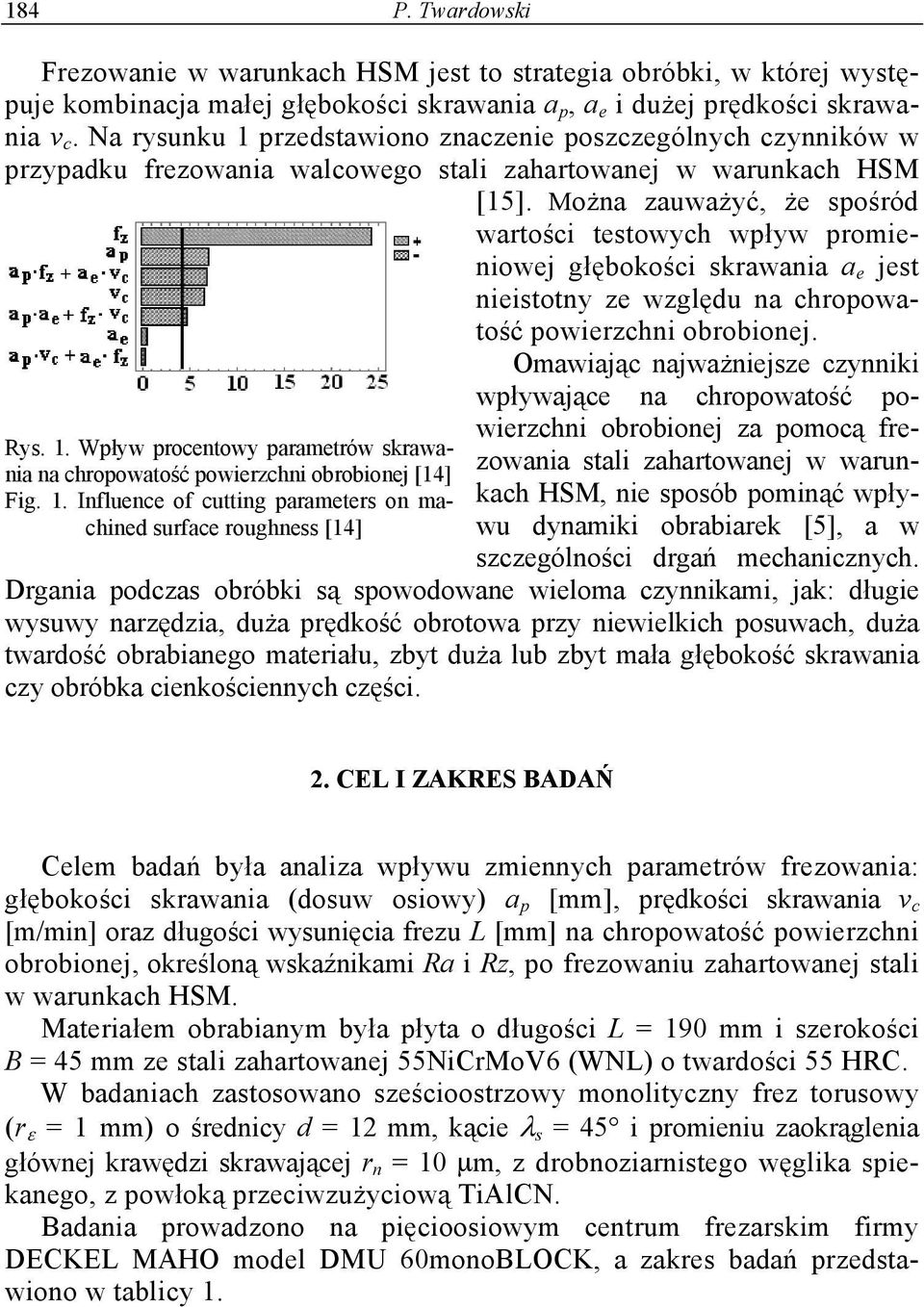 Influence of cutting parameters on machined surface roughness [14] Frezowanie w warunkach HSM jest to strategia obróbki, w której występuje kombinacja małej głębokości skrawania a p, a e i dużej