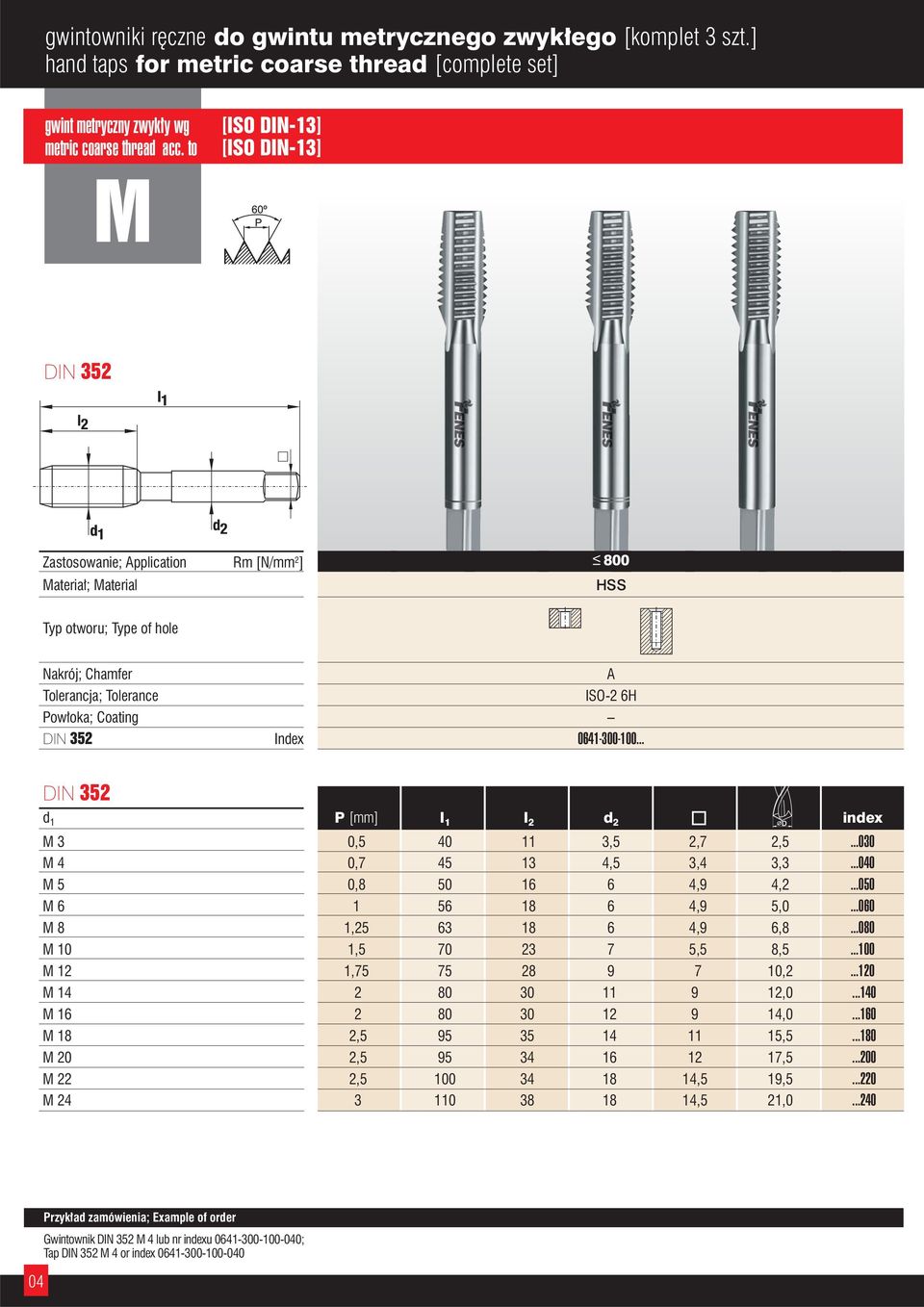 DIN 352 Index 0641-300-100... DIN 352 d 1 P [mm] I 1 I 2 d 2 index M 3 0,5 40 11 3,5 2,7 2,5...030 M 4 0,7 45 13 4,5 3,4 3,3...040 M 5 0,8 50 16 6 4,9 4,2...050 M 6 1 56 18 6 4,9 5,0.
