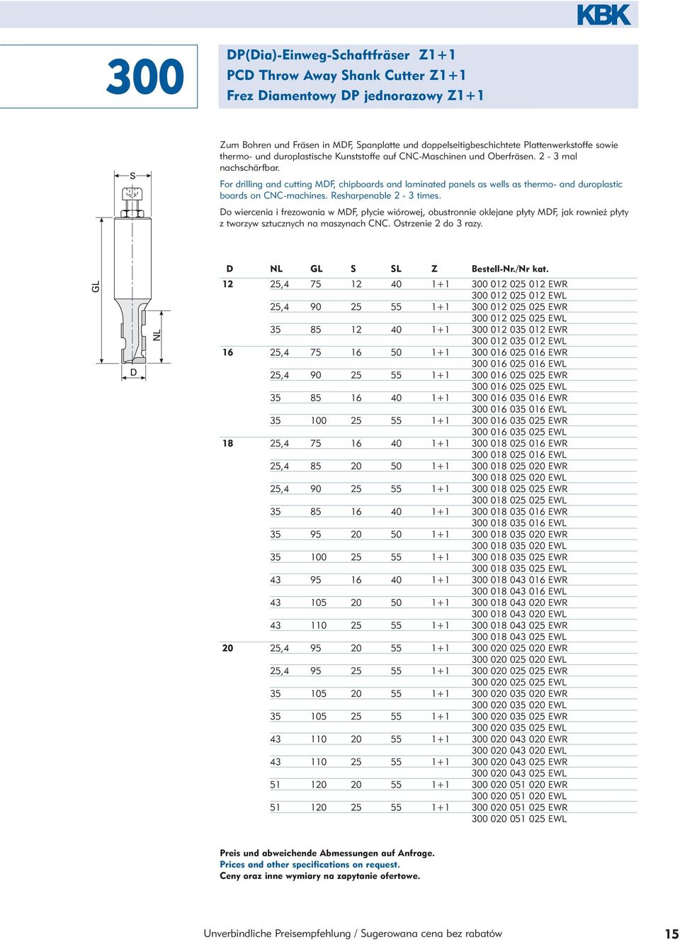 For drilling and cutting MDF, chipboards and laminated panels as wells as thermo- and duroplastic boards on CNC-machines. Resharpenable 2-3 times.