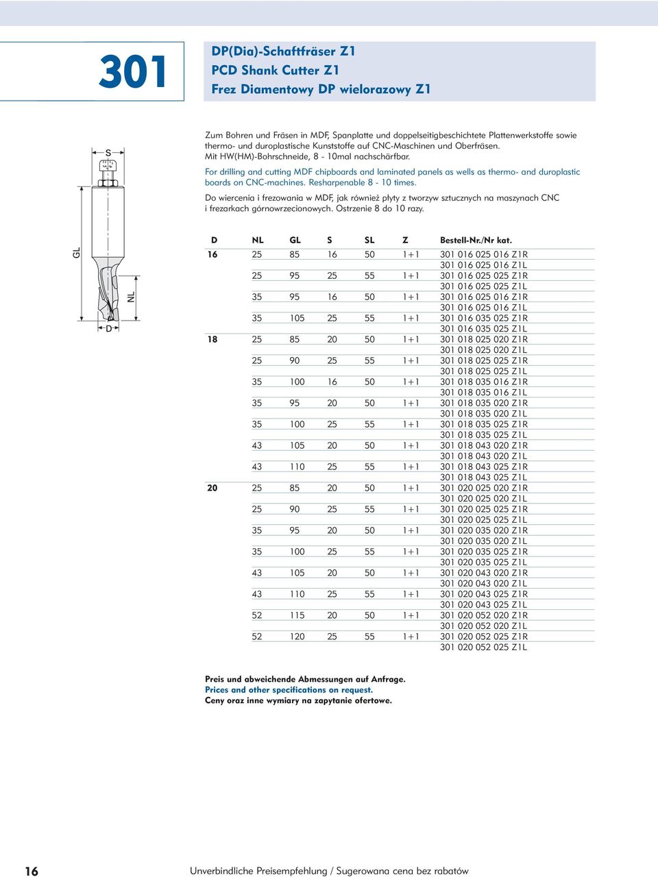 For drilling and cutting MDF chipboards and laminated panels as wells as thermo- and duroplastic boards on CNC-machines. Resharpenable 8-10 times.