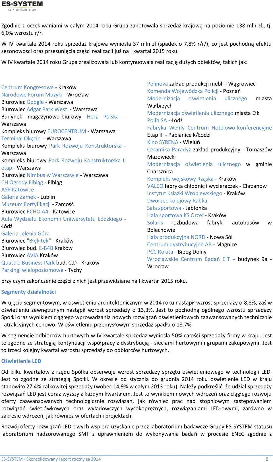 W IV kwartale 2014 roku Grupa zrealizowała lub kontynuowała realizację dużych obiektów, takich jak: Centrum Kongresowe - Kraków Narodowe Forum Muzyki - Wrocław Biurowiec Google - Warszawa Biurowiec