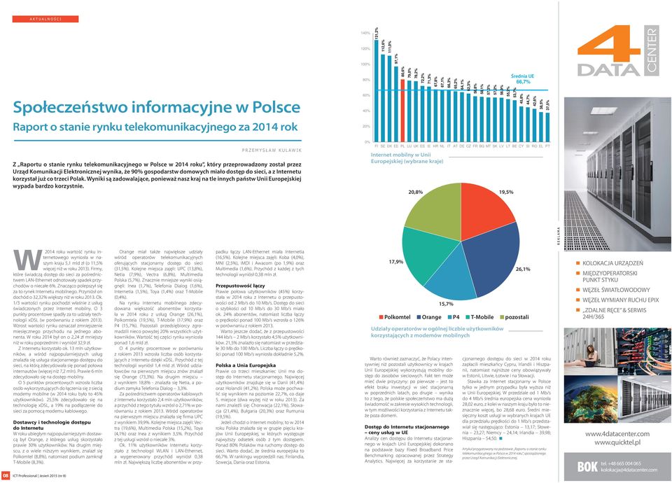 telekomunikacyjnego w Polsce w 2014 roku, który przeprowadzony został przez Urząd Komunikacji Elektronicznej wynika, że 90% gospodarstw domowych miało dostęp do sieci, a z Internetu korzystał już co