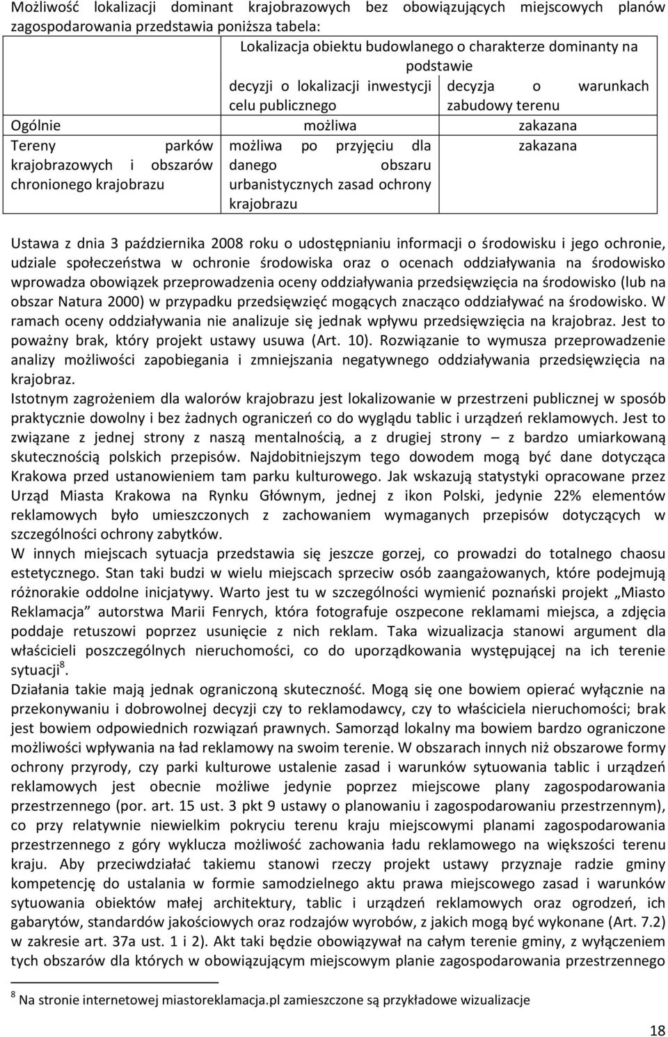 danego obszaru urbanistycznych zasad ochrony krajobrazu zakazana Ustawa z dnia 3 października 2008 roku o udostępnianiu informacji o środowisku i jego ochronie, udziale społeczeństwa w ochronie