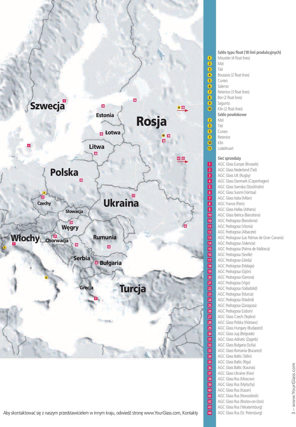 com, Kontakty Szkło typu float (18 linii produkcyjnych) 1 Moustier (4 float lines) 2 Mol 3 Tiel 4 Boussois (2 float lines) 5 Cuneo 6 Salerno 7 Retenice (3 float lines) 8 Bor (2 float lines) 9 Sagunto