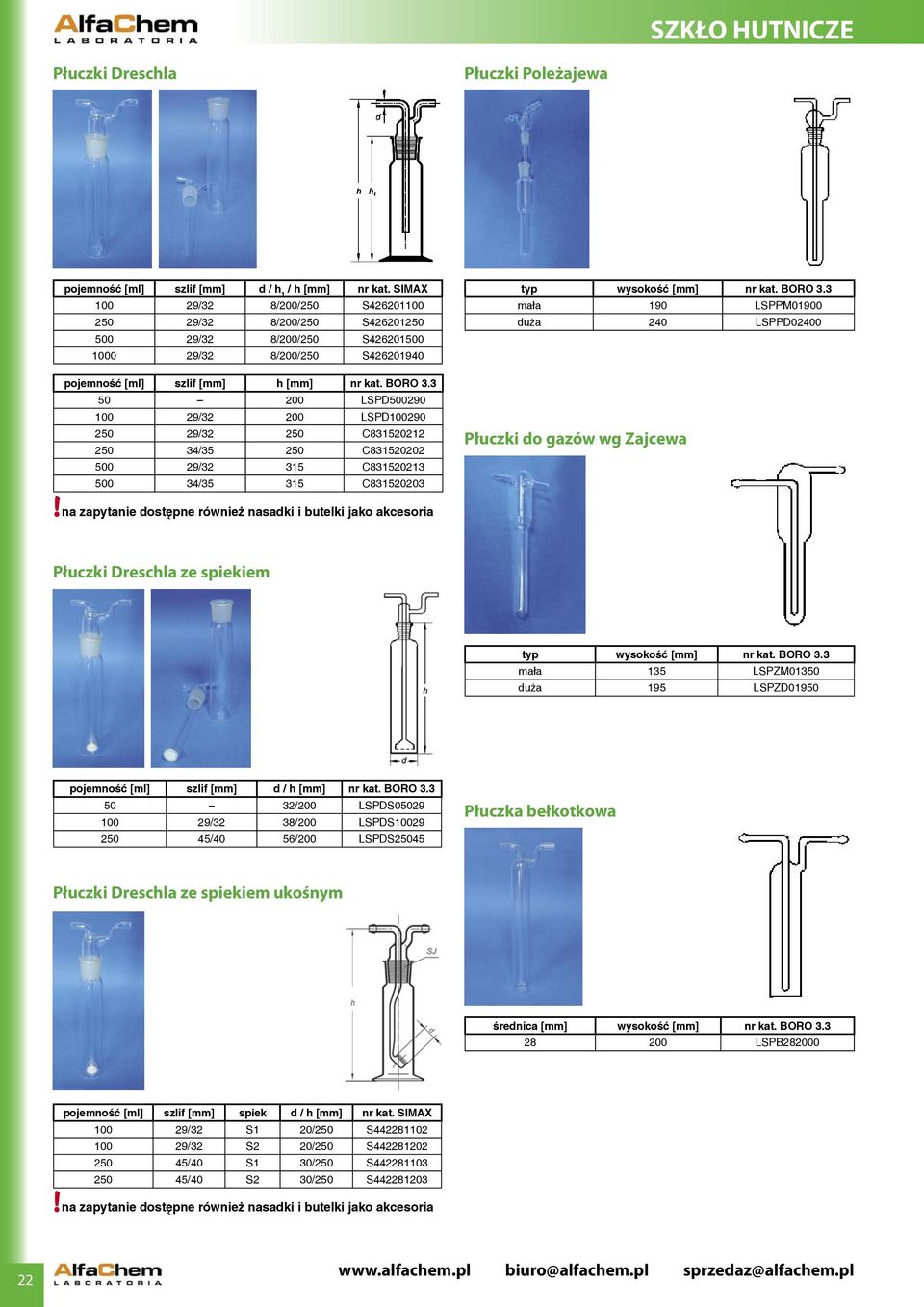 na zapytanie dostępne również nasadki i butelki jako akcesoria Płuczki Dreschla ze spiekiem typ wysokość mała 135 LSPZM01350 duża 195 LSPZD01950 50 32/200 LSPDS05029 100 29/32 38/200 LSPDS10029 250