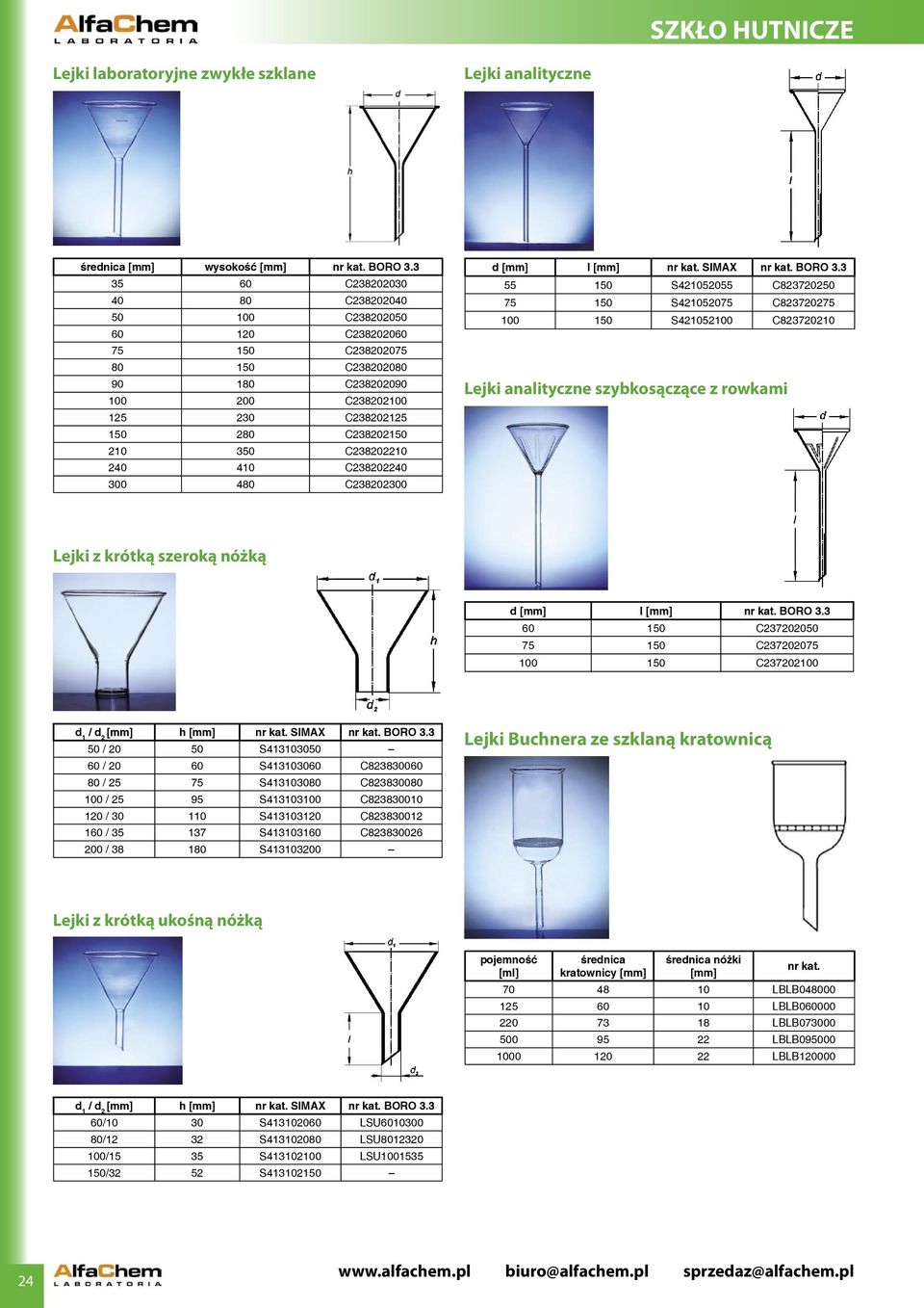 C823720210 Lejki analityczne szybkosączące z rowkami Lejki z krótką szeroką nóżką d l 60 150 C237202050 75 150 C237202075 100 150 C237202100 d 1 / d 2 h 50 / 20 50 S413103050 60 / 20 60 S413103060