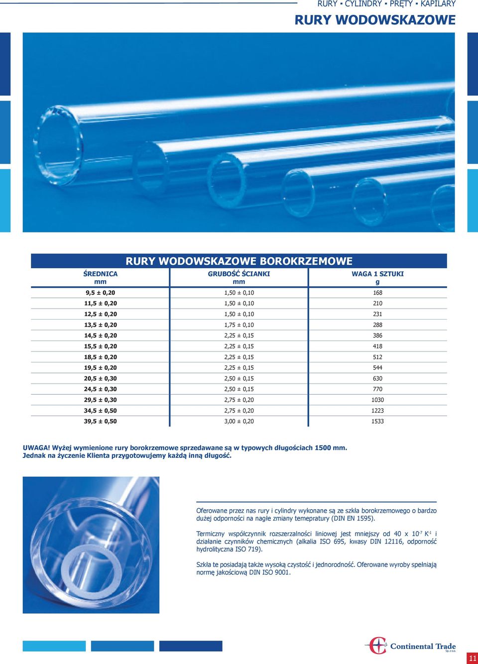0,15 770 29,5 ± 0,30 2,75 ± 0,20 1030 34,5 ± 0,50 2,75 ± 0,20 1223 39,5 ± 0,50 3,00 ± 0,20 1533 UWAGA! Wyżej wymienione rury borokrzemowe sprzedawane są w typowych długościach 1500 mm.