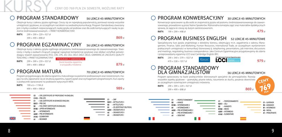 Program Standardowy stworzony jest z myślą o osobach rozpoczynających naukę języka od podstaw oraz dla osób kontynuujących naukę na poziomie średniozaawansowanym. + PAKIET KONWERSACYJNY.