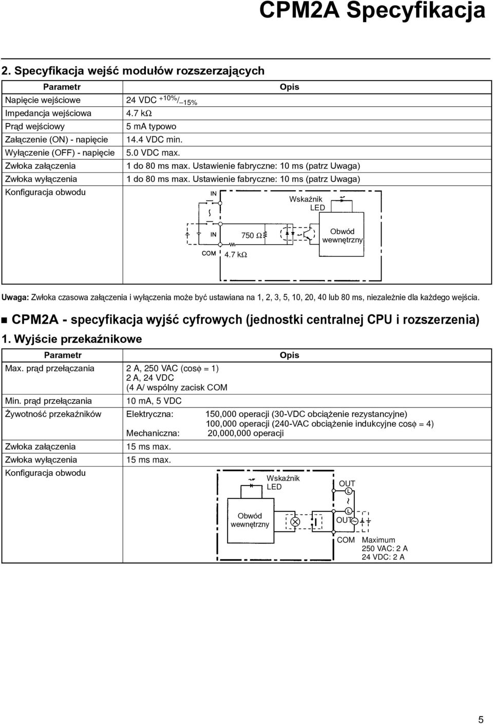 Ustawienie fabryczne: 10 ms (patrz Uwaga) 1 do 80 ms max. Ustawienie fabryczne: 10 ms (patrz Uwaga) WskaŸnik LED 750 Ω Obwód wewnêtrzny 4.