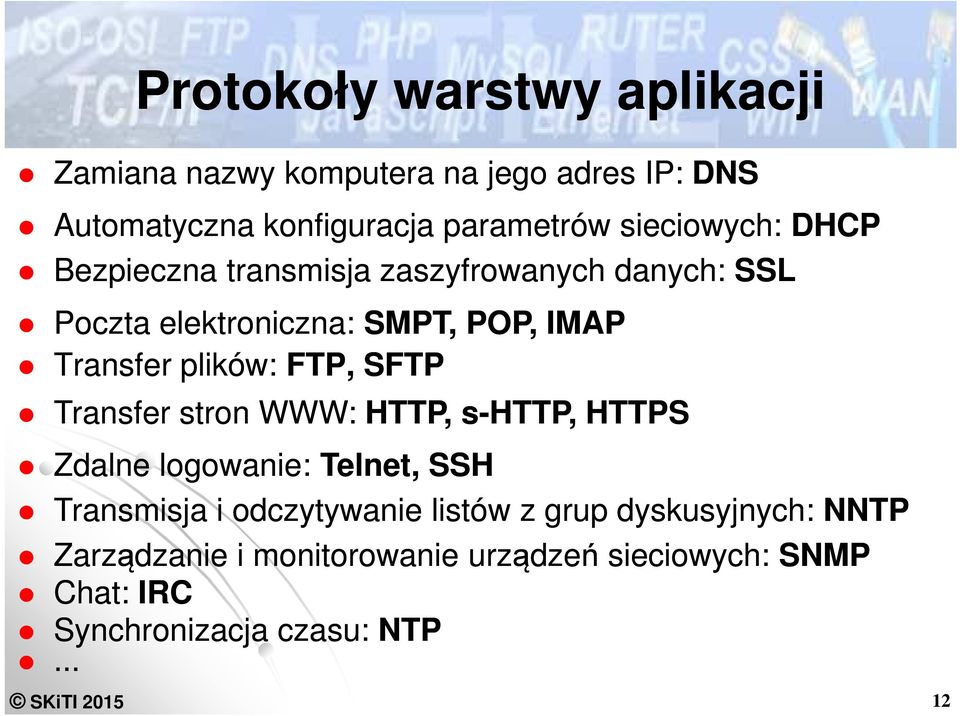 plików: FTP, SFTP Transfer stron WWW: HTTP, s-http, HTTPS Zdalne logowanie: Telnet, SSH Transmisja i odczytywanie