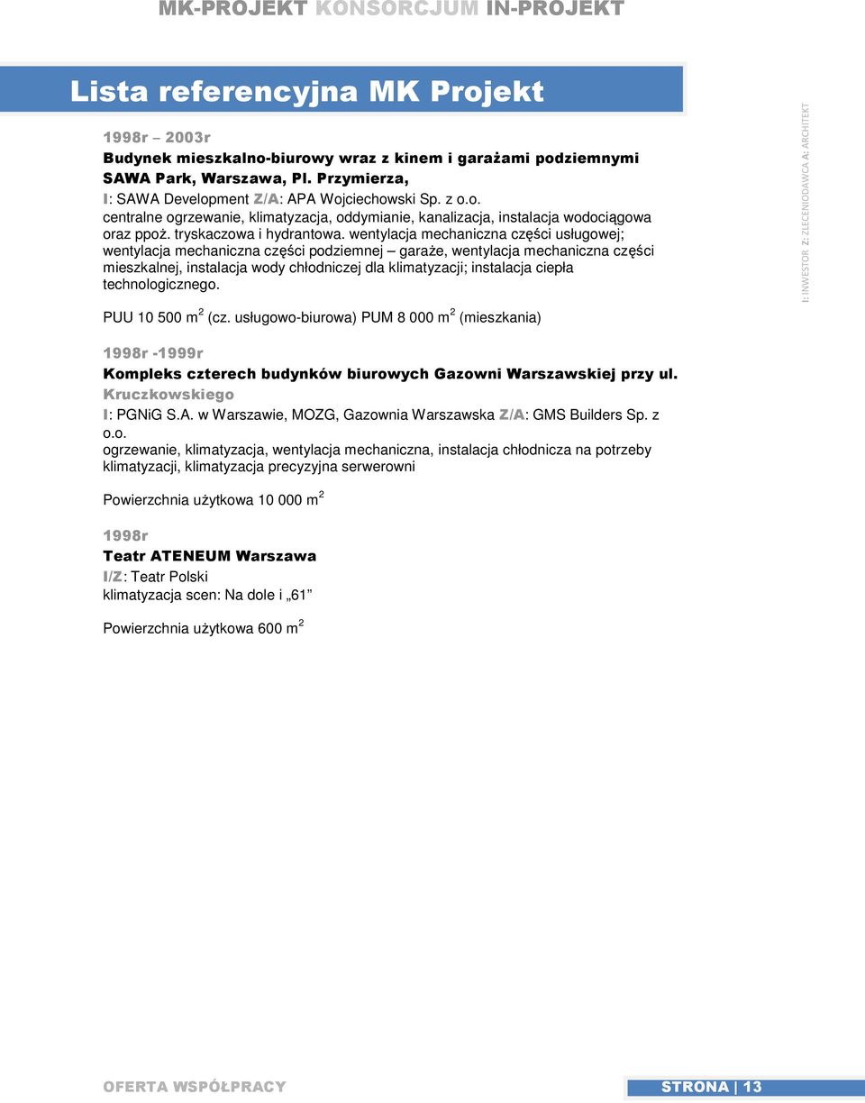 wentylacja mechaniczna części usługowej; wentylacja mechaniczna części podziemnej garaże, wentylacja mechaniczna części mieszkalnej, instalacja wody chłodniczej dla klimatyzacji; instalacja ciepła