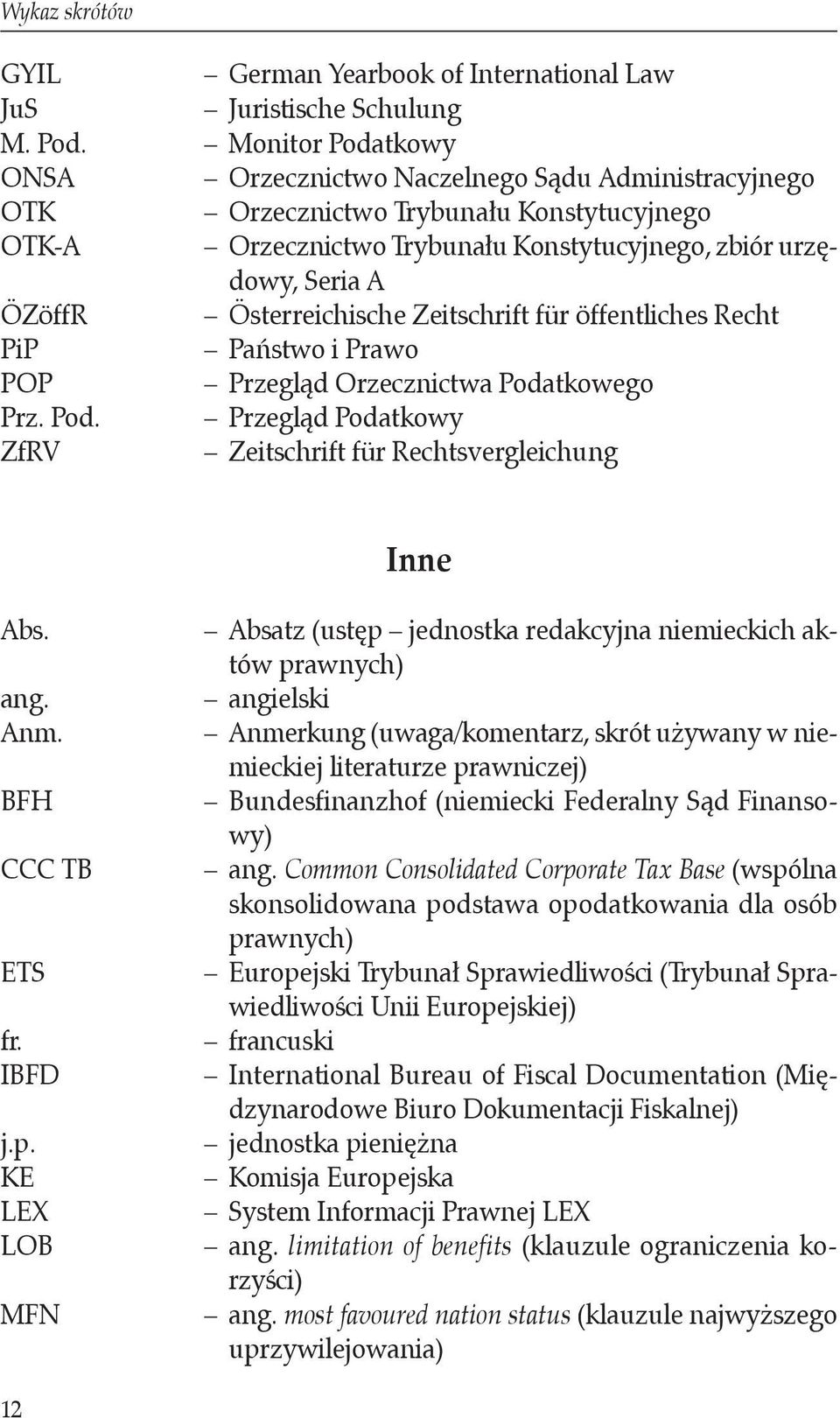 Österreichische Zeitschrift für öffentliches Recht PiP Państwo i Prawo POP Przegląd Orzecznictwa Podatkowego Prz. Pod. Przegląd Podatkowy ZfRV Zeitschrift für Rechtsvergleichung Inne Abs. ang. Anm.