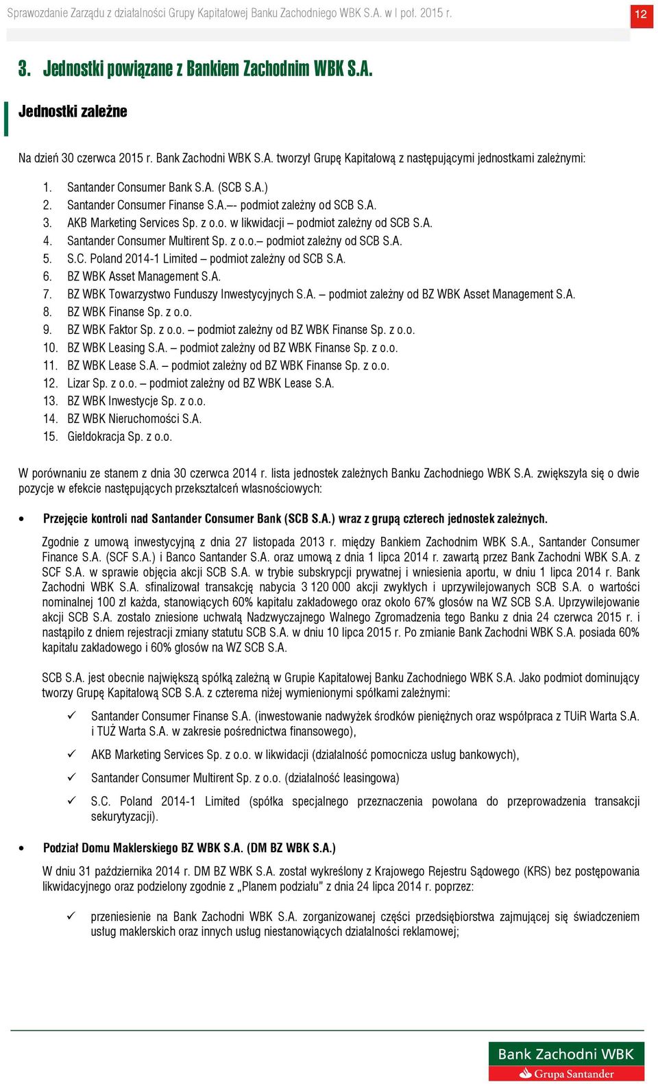 Santander Consumer Multirent Sp. z o.o. podmiot zależny od SCB S.A. 5. S.C. Poland 2014-1 Limited podmiot zależny od SCB S.A. 6. BZ WBK Asset Management S.A. 7.