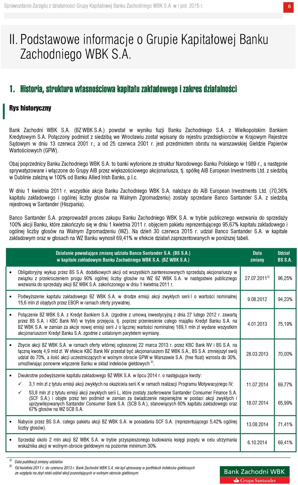 , a od 25 czerwca 2001 r. jest przedmiotem obrotu na warszawskiej Giełdzie Papierów Wartościowych (GPW). Obaj poprzednicy Banku Zachodniego WBK S.A.