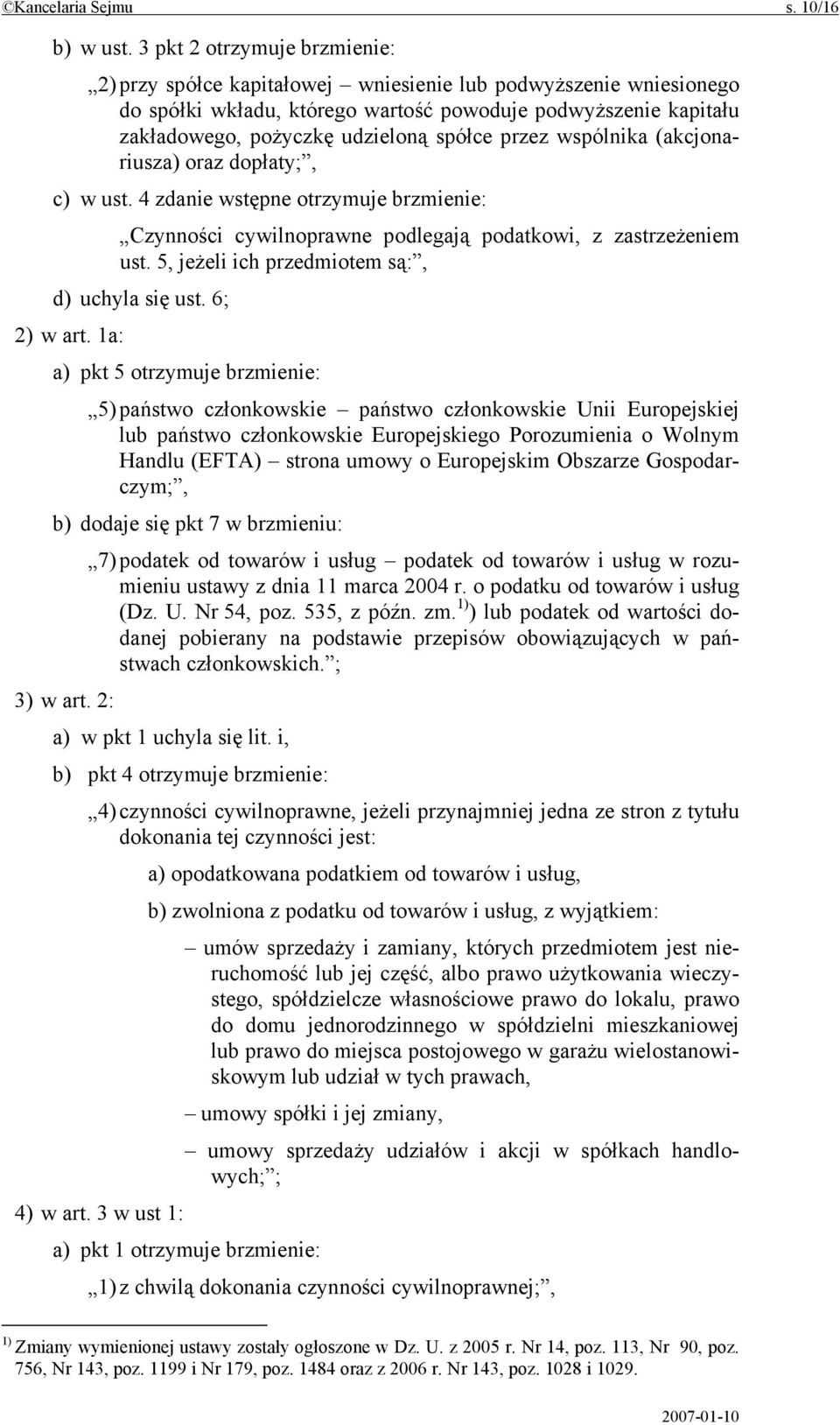 przez wspólnika (akcjonariusza) oraz dopłaty;, c) w ust. 4 zdanie wstępne otrzymuje brzmienie: Czynności cywilnoprawne podlegają podatkowi, z zastrzeżeniem ust.