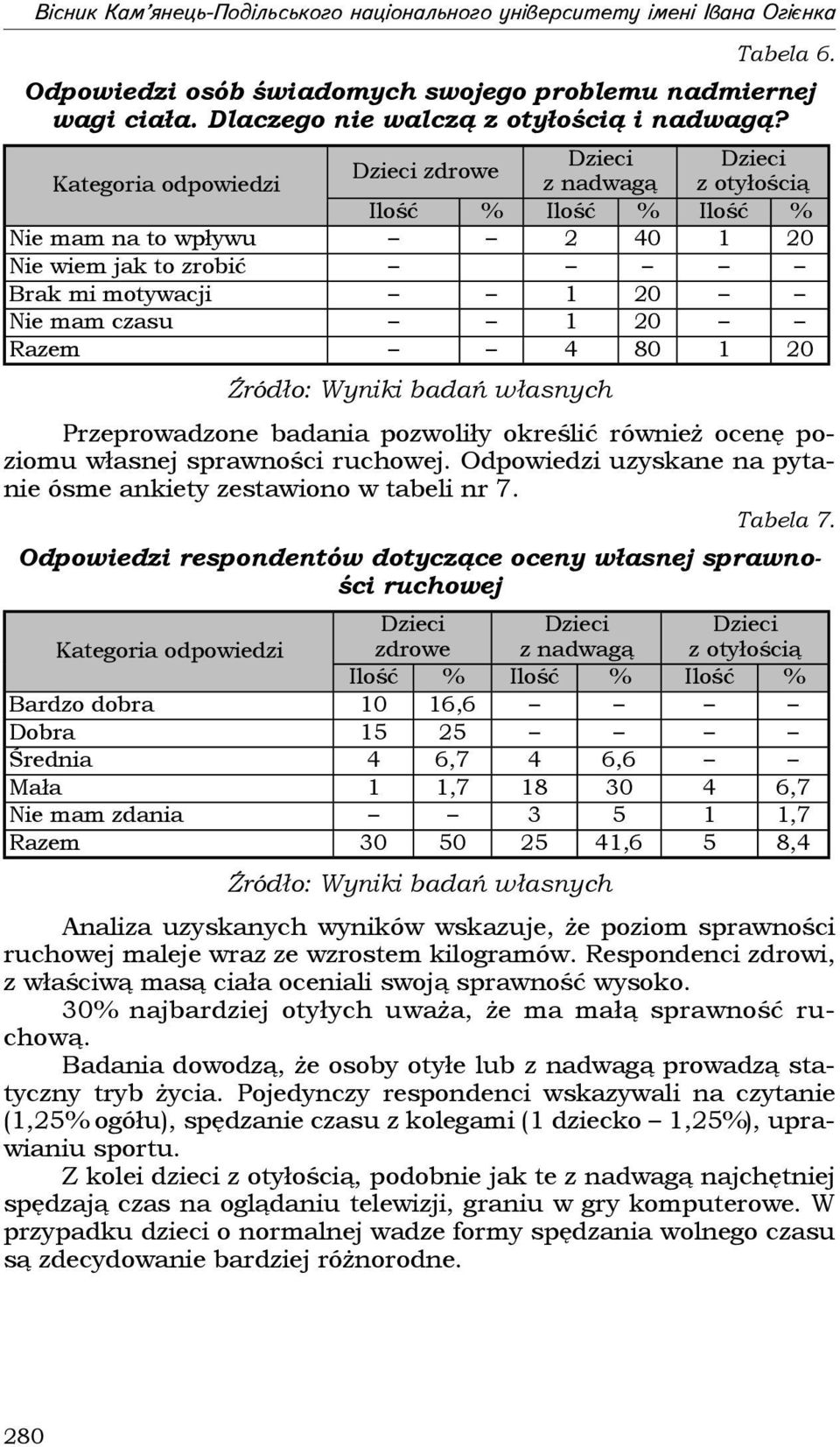 ocenę poziomu własnej sprawności ruchowej. Odpowiedzi uzyskane na pytanie ósme ankiety zestawiono w tabeli nr 7. Tabela 7.