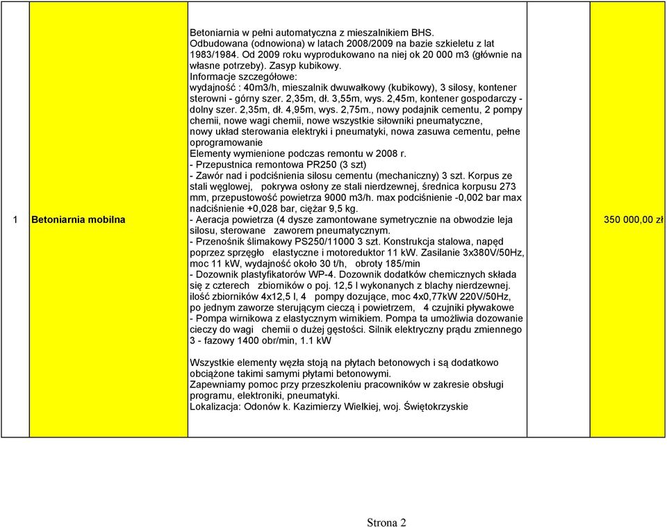 Informacje szczegółowe: wydajność : 40m3/h, mieszalnik dwuwałkowy (kubikowy), 3 silosy, kontener sterowni - górny szer. 2,35m, dł. 3,55m, wys. 2,45m, kontener gospodarczy - dolny szer. 2,35m, dł. 4,95m, wys.