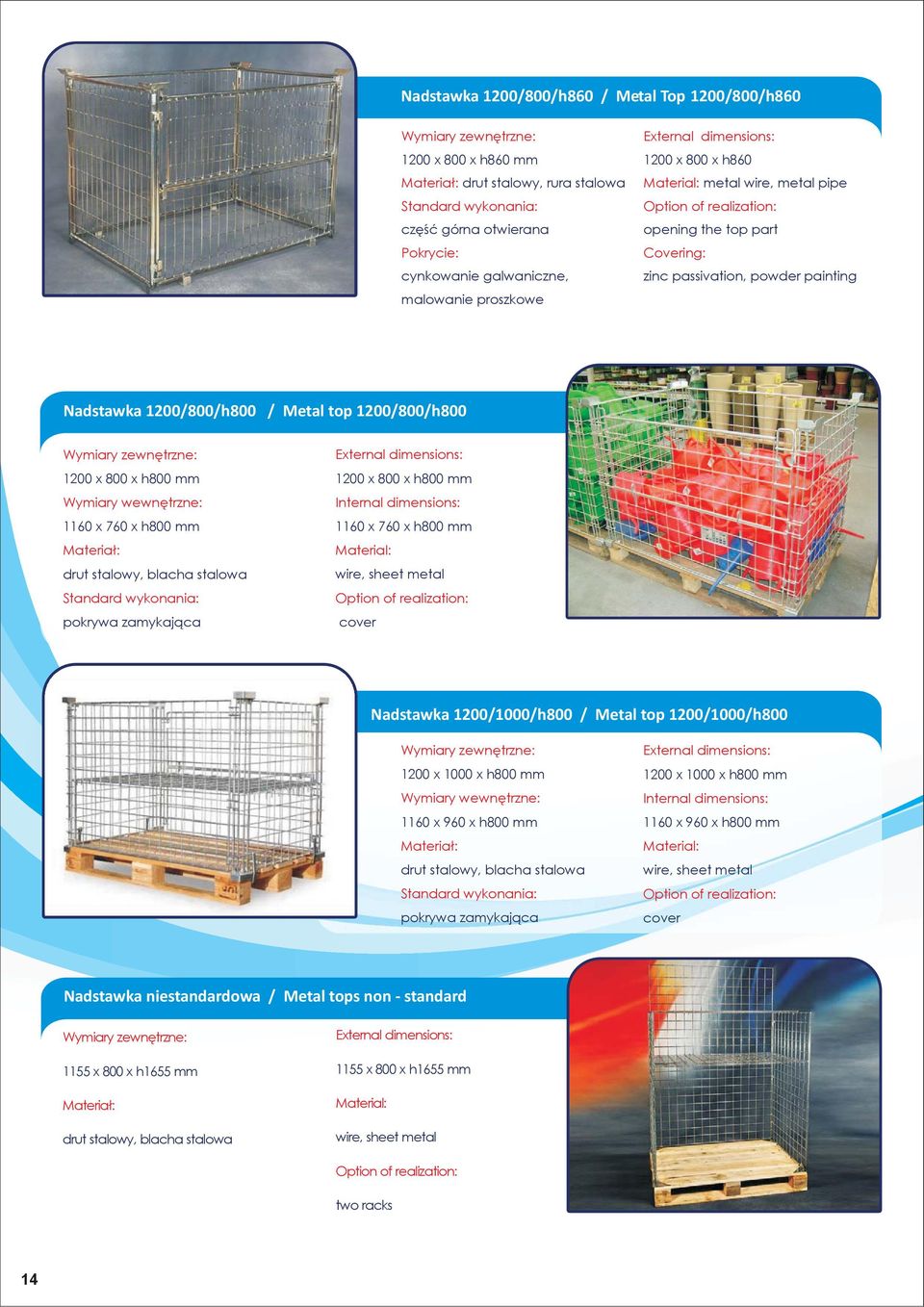 stalowa pokrywa zamykająca 1200 x 800 x h800 mm 1160 x 760 x h800 mm wire, sheet metal cover Nadstawka 1200/1000/h800 / Metal top 1200/1000/h800 1200 x 1000 x h800 mm 1160 x 960 x h800 mm drut