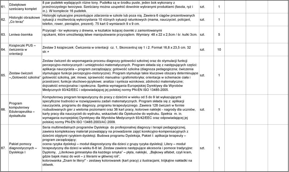 Zawiera 6 ciągów prezentowanych sytuacji z możliwością wykorzystania 10 różnych sytuacji ratunkowych (mama, nauczyciel, policjant, telefon, rower, pieniądze, prezent). 75 kart 0 wymiarach 9 x 9 cm.