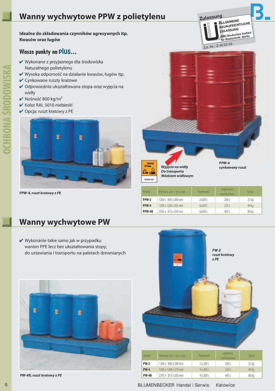 4 ynkowane ruszty kratowe 4 Odpowiednio ukształtowana stopa oraz wyjęcia na widły 4 Nośność 800 kg/m² 4 Kolor RAL 5010 niebieski 4 Opcja: ruszt kratowy z PE Zulassung Zul.-Nr.: Z-40.