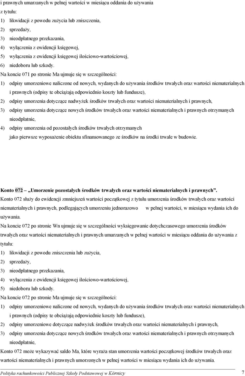 Na koncie 071 po stronie Ma ujmuje się w szczególności: 1) odpisy umorzeniowe naliczone od nowych, wydanych do używania środków trwałych oraz wartości niematerialnych i prawnych (odpisy te obciążają