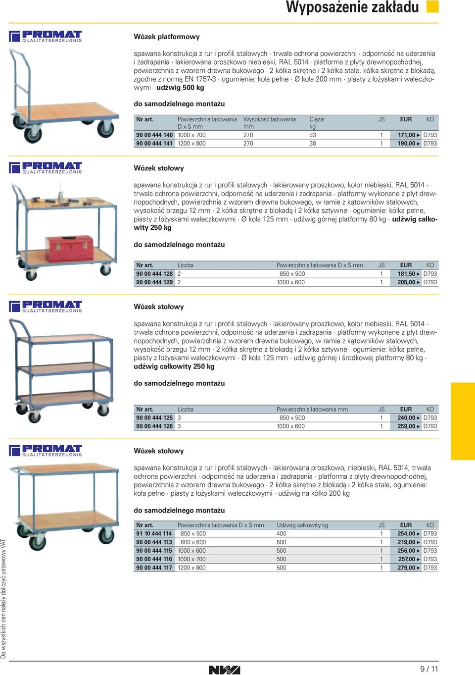 wałeczkowymi udźwig 500 do samodzielnego montażu Powierzchnia ładowania D x S Wysokość ładowania Ciężar 90 00 444 40 000 x 700 270 33 7,00 D793 90 00 444 4 200 x 800 270 38 90,00 D793 Wózek stołowy