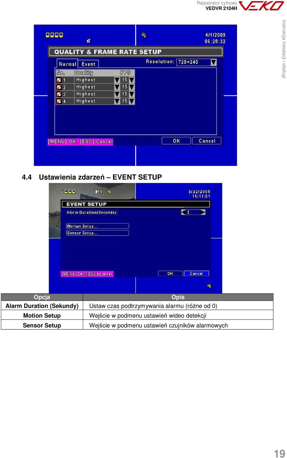 Motion Setup Wejście w podmenu ustawień wideo detekcji