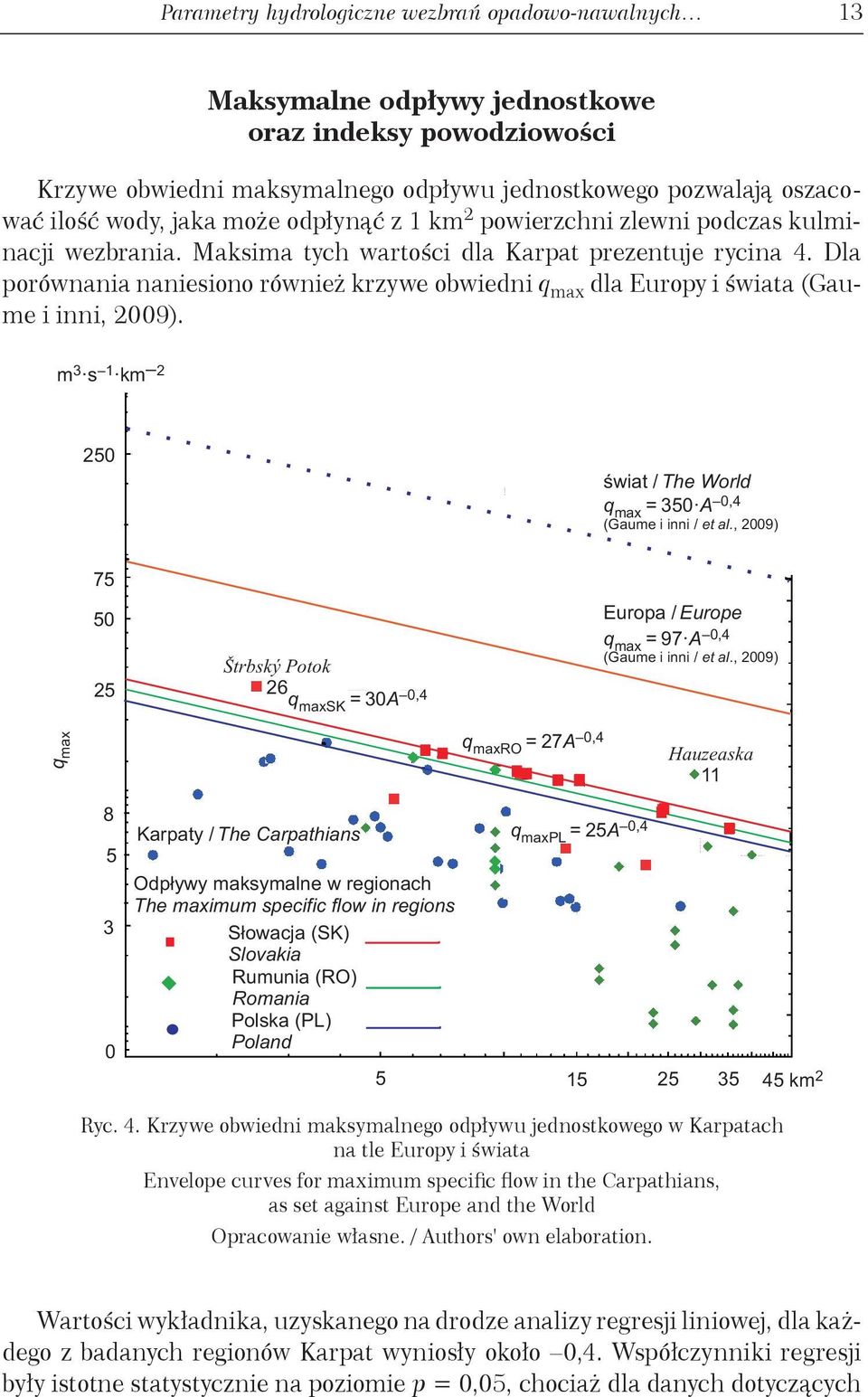 Dla porównania naniesiono również krzywe obwiedni q max dla Europy i świata (Gaume i inni, 29). m s 3 1 km 2 25 świat / The World qmax = 35 A,4 (Gaume i inni / et al.