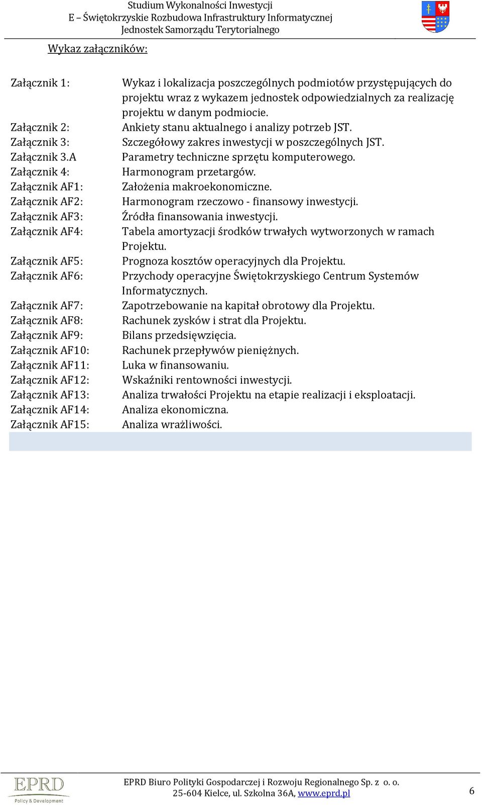 Załącznik AF13: Załącznik AF14: Załącznik AF15: Wykaz i lokalizacja poszczególnych podmiotów przystępujących do projektu wraz z wykazem jednostek odpowiedzialnych za realizację projektu w danym