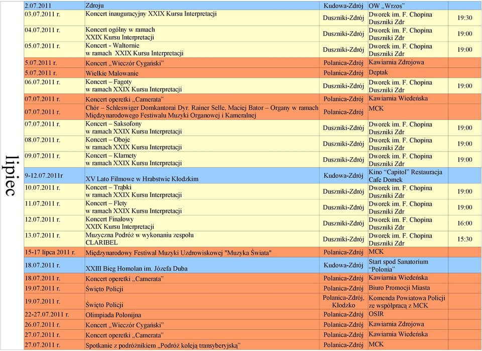 07.2011 r. Chór Schleswiger Domkantorai Dyr. Rainer Selle, Maciej Bator Organy w ramach Międzynarodowego Festiwalu Muzyki Organowej i Kameralnej 07.07.2011 r. Koncert Saksofony 08.07.2011 r. Koncert Oboje 09.