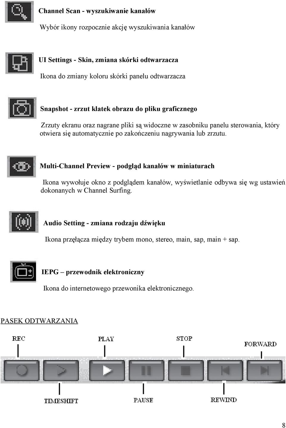 lub zrzutu. Multi-Channel Preview - podgląd kanałów w miniaturach Ikona wywołuje okno z podglądem kanałów, wyświetlanie odbywa się wg ustawień dokonanych w Channel Surfing.
