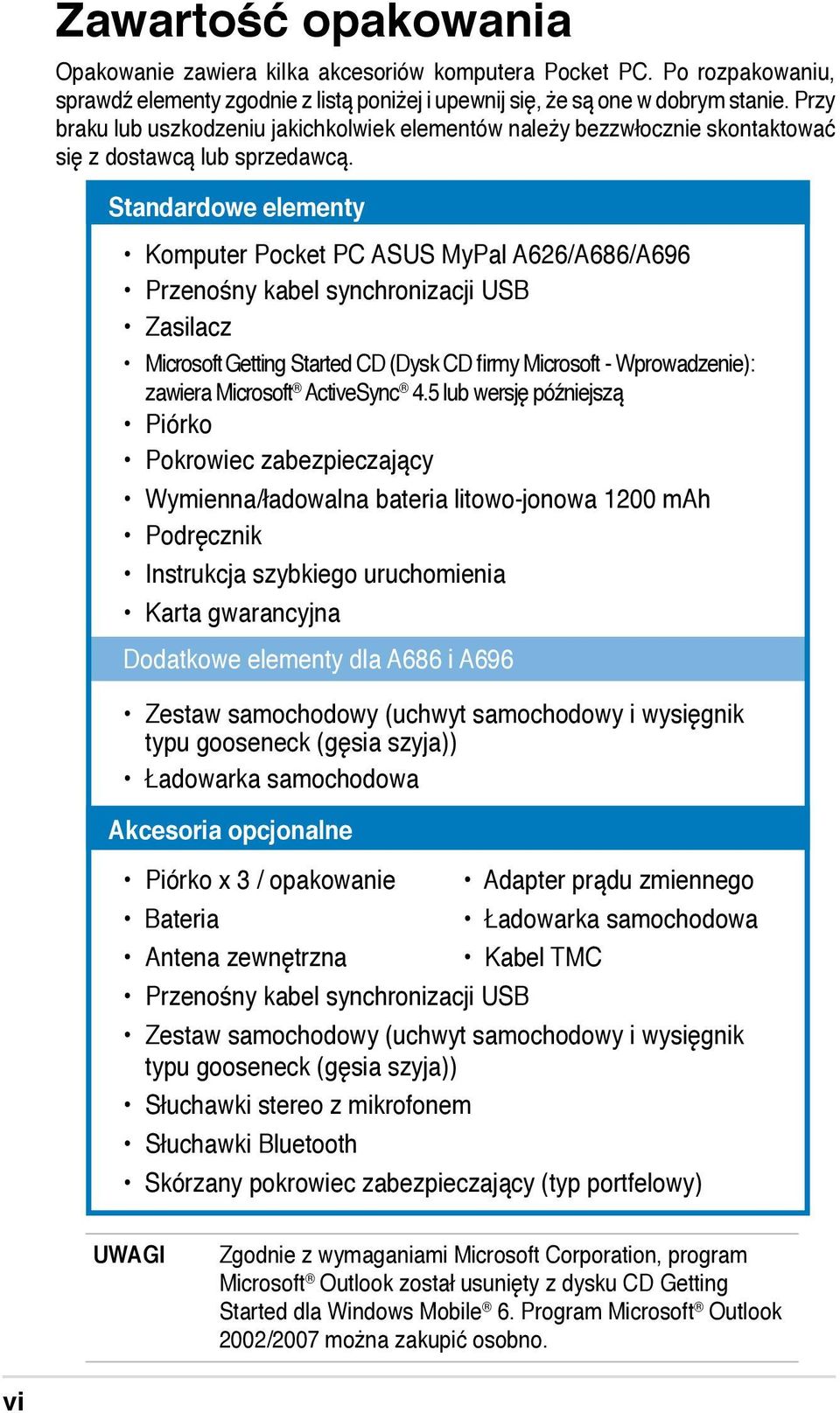 Standardowe elementy Komputer Pocket PC ASUS MyPal A626/A686/A696 Przenośny kabel synchronizacji USB Zasilacz Microsoft Getting Started CD (Dysk CD firmy Microsoft - Wprowadzenie): zawiera Microsoft