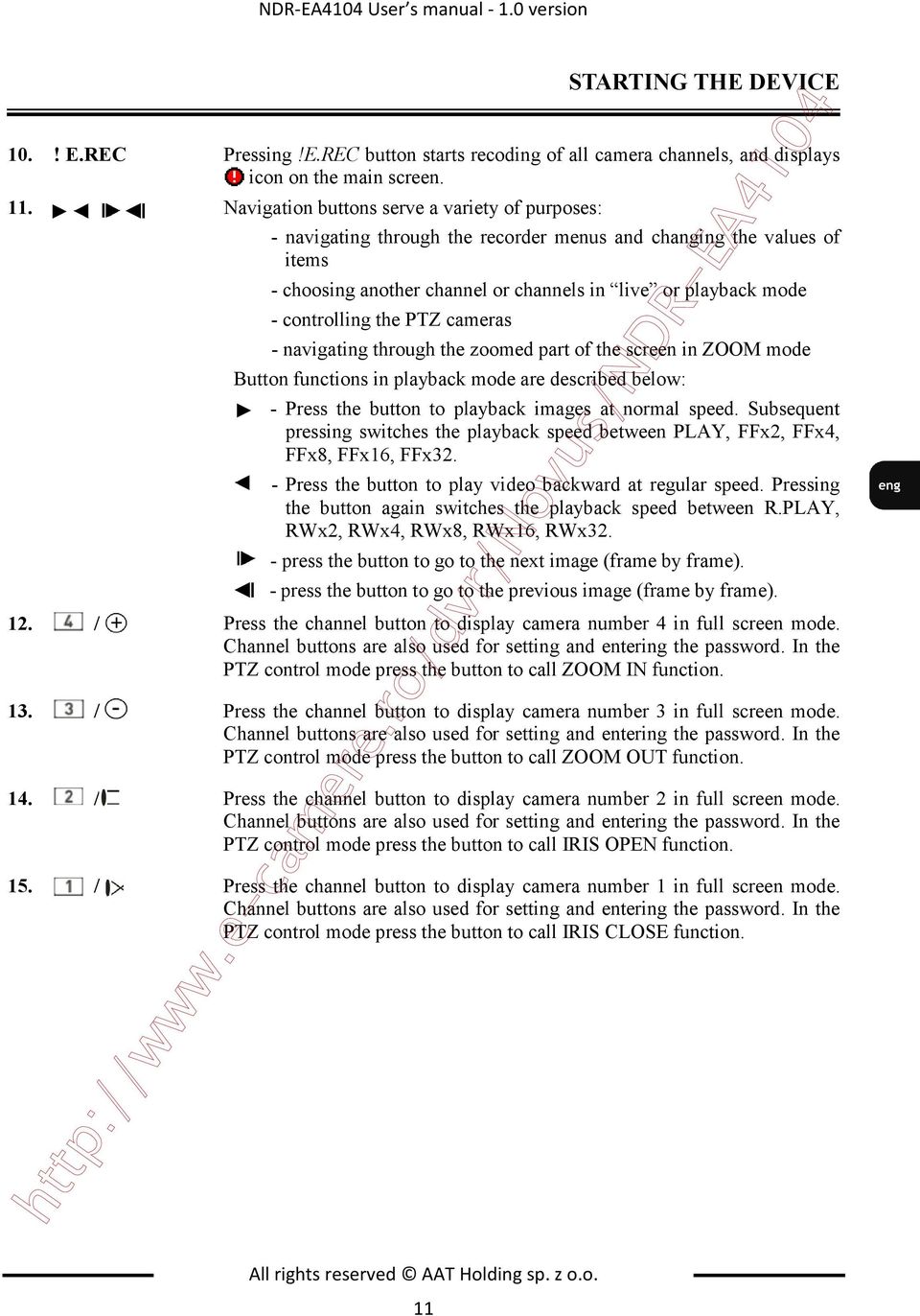 the PTZ cameras - navigating through the zoomed part of the screen in ZOOM mode Button functions in playback mode are described below: - Press the button to playback images at normal speed.