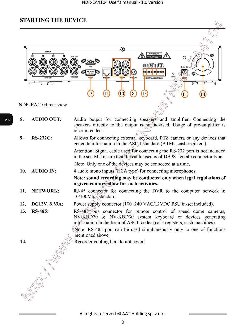 RS-232C: Allows for connecting external keyboard, PTZ camera or any devices that generate information in the ASCII standard (ATMs, cash registers).