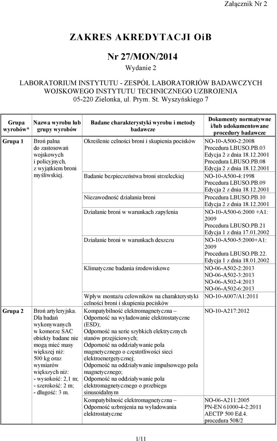 Dla badań wykonywanych w komorze SAC obiekty badane nie mogą mieć masy większej niż: 500 kg oraz wymiarów większych niż: - wysokość: 2,1 m; - szerokość: 2 m; - długość: m.