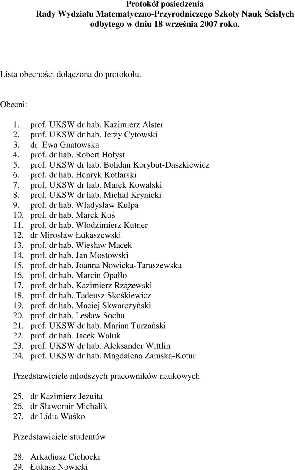 prof. UKSW dr hab. Michał Krynicki 9. prof. dr hab. Władysław Kulpa 10. prof. dr hab. Marek Kuś 11. prof. dr hab. Włodzimierz Kutner 12. dr Mirosław Łukaszewski 13. prof. dr hab. Wiesław Macek 14.