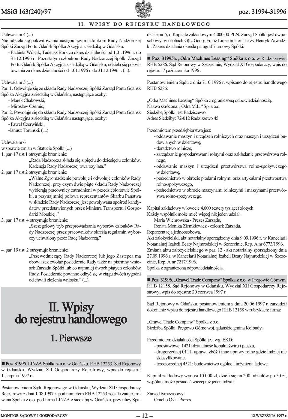 1996 r. do 31.12.1996 r. Pozostałym członkom Rady Nadzorczej Spółki Zarząd Portu Gdańsk Spółka Akcyjna z siedzibą w Gdańsku, udziela się pokwitowania za okres działalności od 1.01.1996 r. do 31.12.1996 r. (.