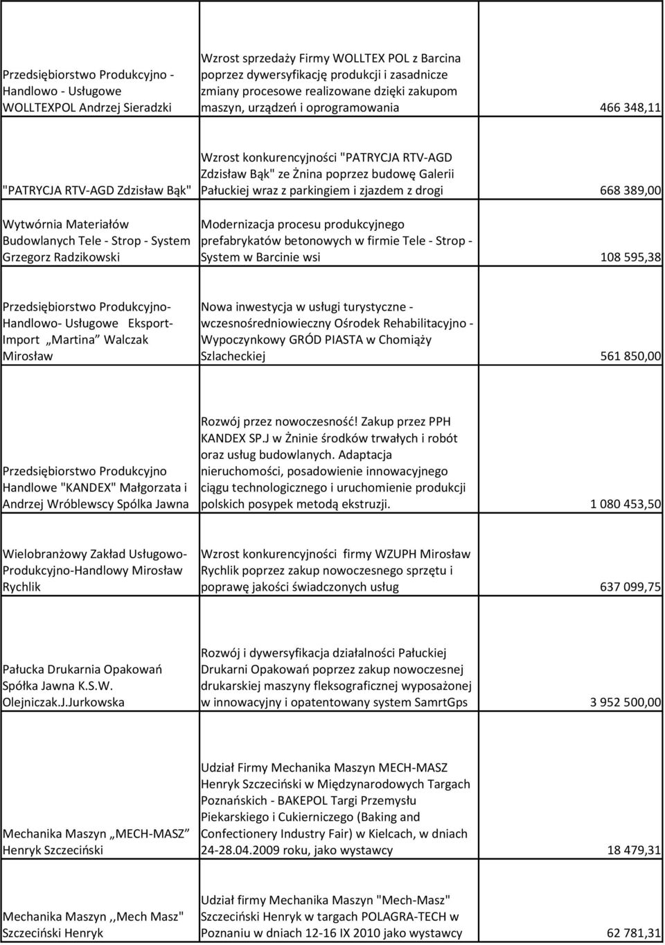 "PATRYCJA RTV-AGD Zdzisław Bąk" ze Żnina poprzez budowę Galerii Pałuckiej wraz z parkingiem i zjazdem z drogi 668 389,00 Modernizacja procesu produkcyjnego prefabrykatów betonowych w firmie Tele -