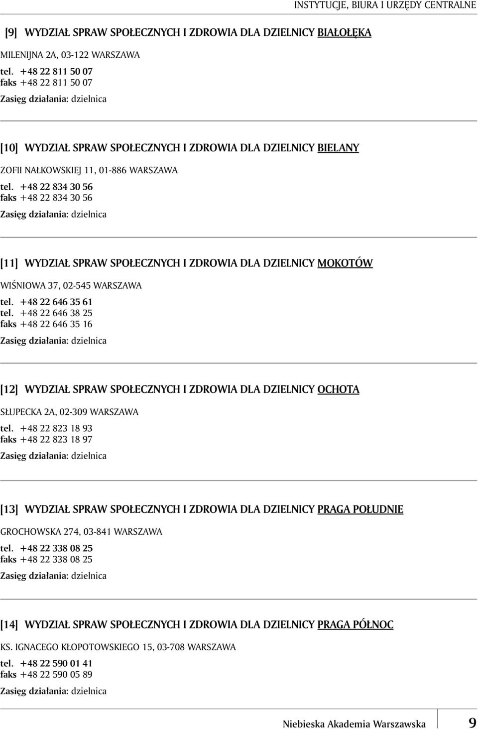 +48 22 834 30 56 faks +48 22 834 30 56 [11] WYDZIAŁ SPRAW SPOŁECZNYCH I ZDROWIA DLA DZIELNICY MOKOTÓW WIŚNIOWA 37, 02-545 WARSZAWA tel. +48 22 646 35 61 tel.