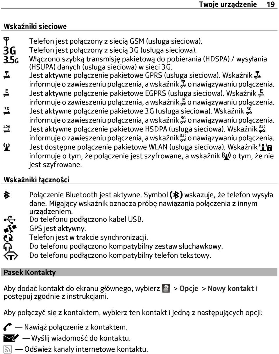 Wskaźnik informuje o zawieszeniu połączenia, a wskaźnik o nawiązywaniu połączenia. Jest aktywne połączenie pakietowe EGPRS (usługa sieciowa).