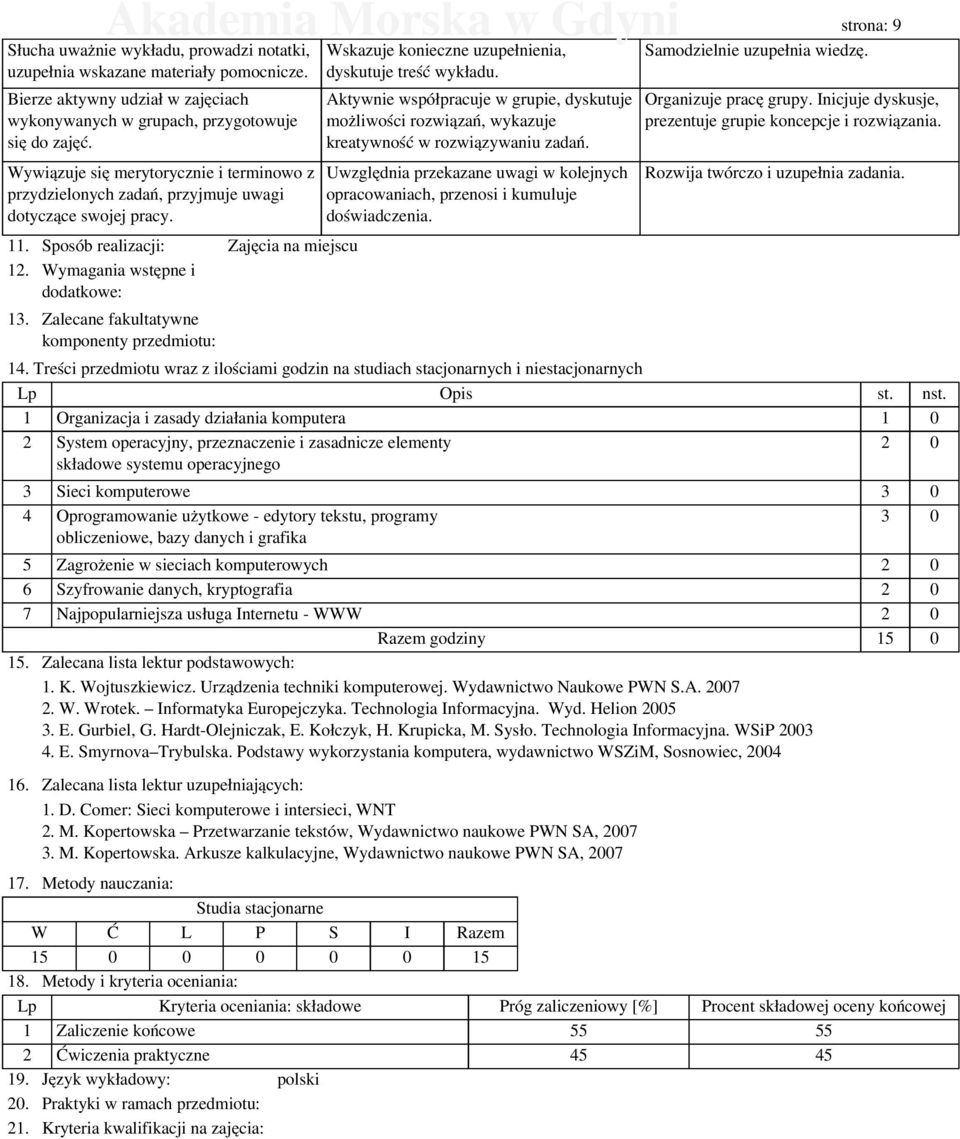 Sposób realizacji: Zajęcia na miejscu 12. Wymagania wstępne i dodatkowe: 13. Zalecane fakultatywne komponenty przedmiotu: Wskazuje konieczne uzupełnienia, dyskutuje treść wykładu.