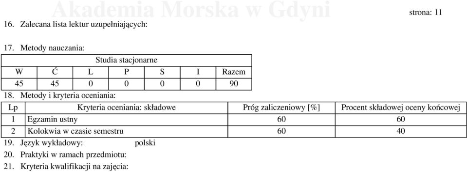 Metody i kryteria oceniania: Lp Kryteria oceniania: składowe Próg zaliczeniowy [%] Procent składowej oceny