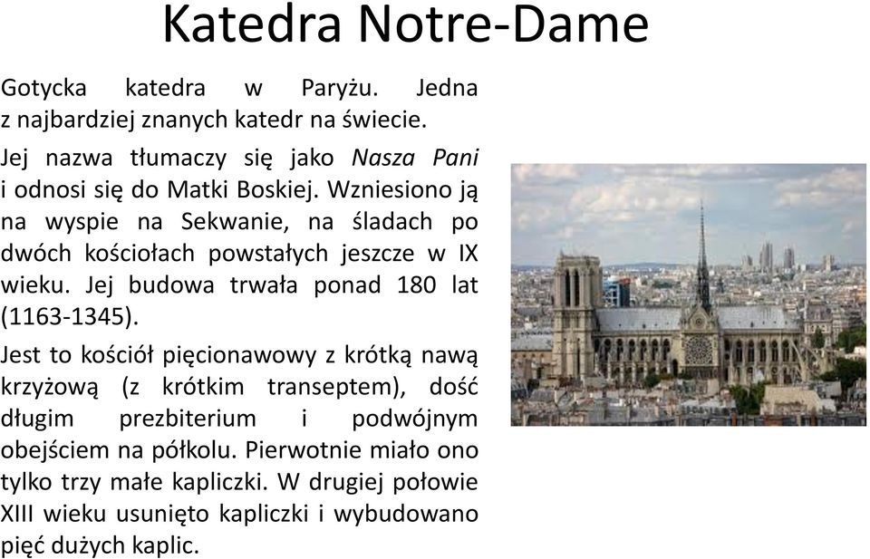 Wzniesiono ją na wyspie na Sekwanie, na śladach po dwóch kościołach powstałych jeszcze w IX wieku. Jej budowa trwała ponad 180 lat (1163-1345).