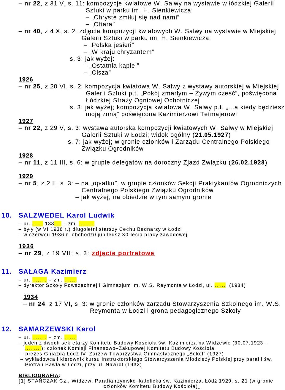 3: jak wyżej: Ostatnia kąpiel Cisza 1926 nr 25, z 20 VI, s. 2: kompozycja kwiatowa W. Salwy z wystawy autorskiej w Miejskiej Galerii Sztuki p.t. Pokój zmarłym Żywym cześć, poświęcona Łódzkiej Straży Ogniowej Ochotniczej s.