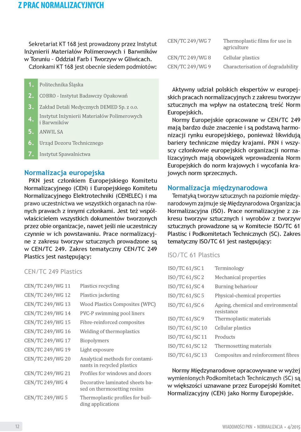 Politechnika Śląska 2. COBRO - Instytut Badawczy Opakowań 3. Zakład Detali Medycznych DEMED Sp. z o.o. Instytut Inżynierii Materiałów Polimerowych 4. i Barwników 5. ANWIL SA 6.