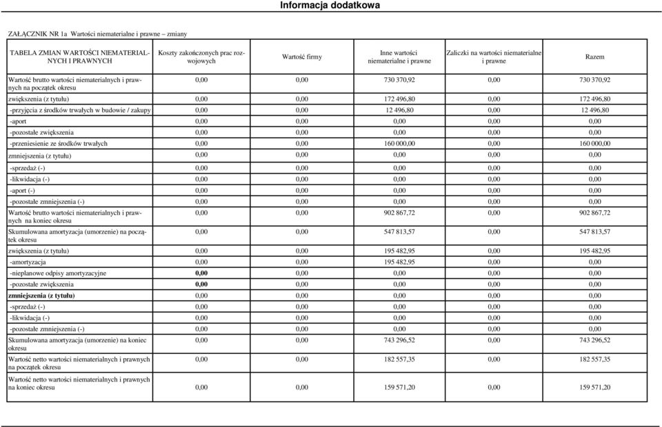 tytułu) 0,00 0,00 172 496,80 0,00 172 496,80 -przyjęcia z środków trwałych w budowie / zakupy 0,00 0,00 12 496,80 0,00 12 496,80 -aport 0,00 0,00 0,00 0,00 0,00 -pozostałe zwiększenia 0,00 0,00 0,00